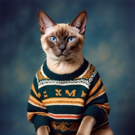 90s yearbook photo of tonkinese cat in a vintage sweater, full body, studio background.