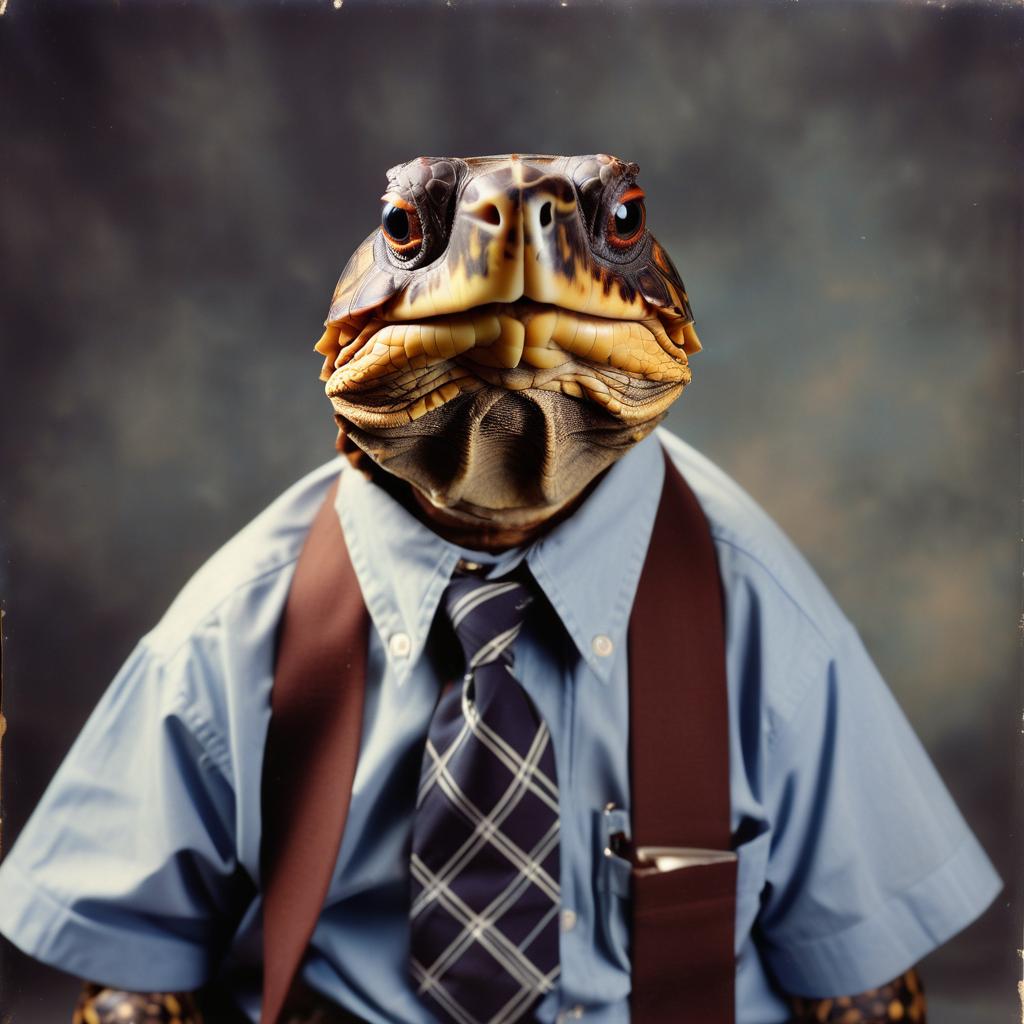 90s yearbook photo of box turtle turtle/tortoise in a shirt and tie, full body, studio background.