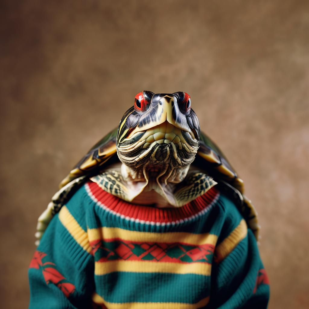 90s yearbook photo of red-eared slider turtle/tortoise in a vintage sweater, full body, studio background.