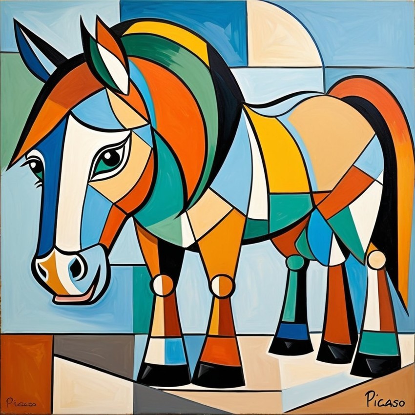 abstract cubism style portrait of clydesdale horse inspired by picasso, blending creativity and classic art in a bold representation.