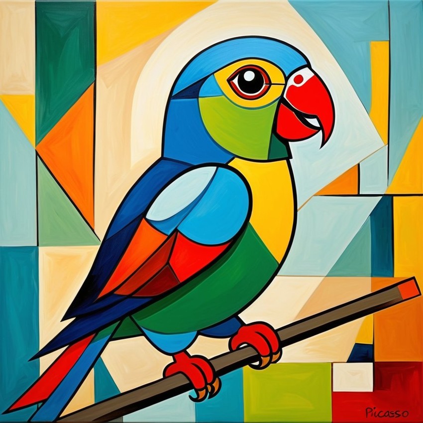 abstract cubism style portrait of conure bird inspired by picasso, blending creativity and classic art in a bold representation.