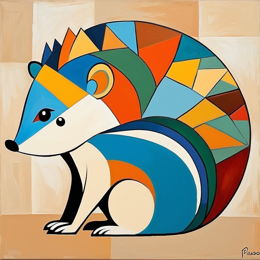 abstract cubism style portrait of european hedgehog inspired by picasso, blending creativity and classic art in a bold representation.