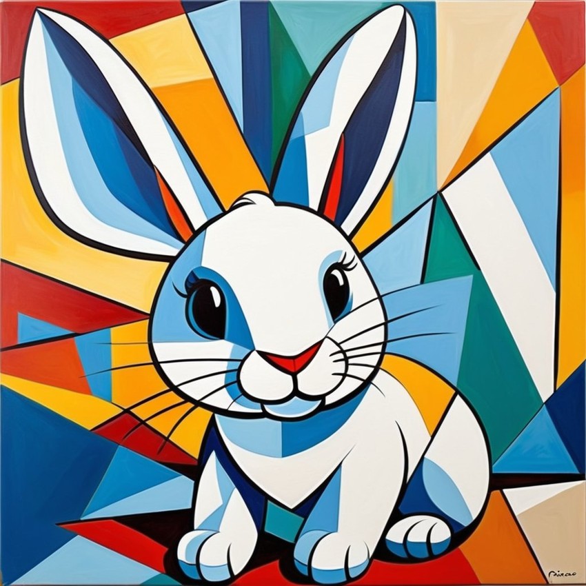 abstract cubism style portrait of rex rabbit inspired by picasso, blending creativity and classic art in a bold representation.