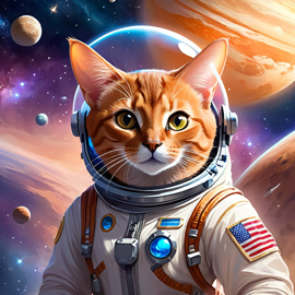 abyssinian cat as astronaut in space, ethereal and magical style, wearing spacesuit.