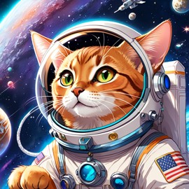 anime illustration of abyssinian cat as astronaut in space, wearing spacesuit, vibrant and detailed.