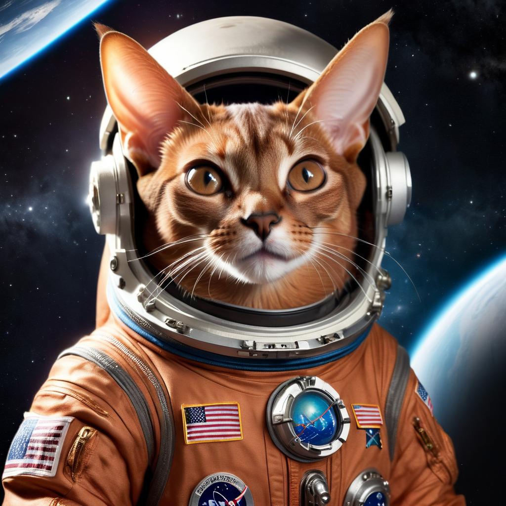 abyssinian cat as astronaut in space, wearing spacesuit, highly detailed and lifelike.