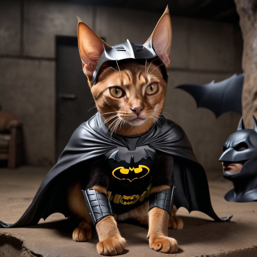 abyssinian cat as batman in batcave, wearing batman suit and mask, highly detailed.