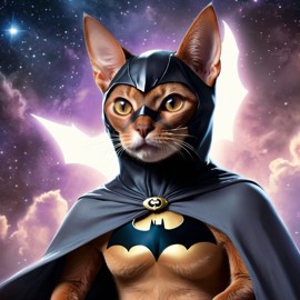 abyssinian cat as batman, ethereal and majestic, wearing batman suit and mask.