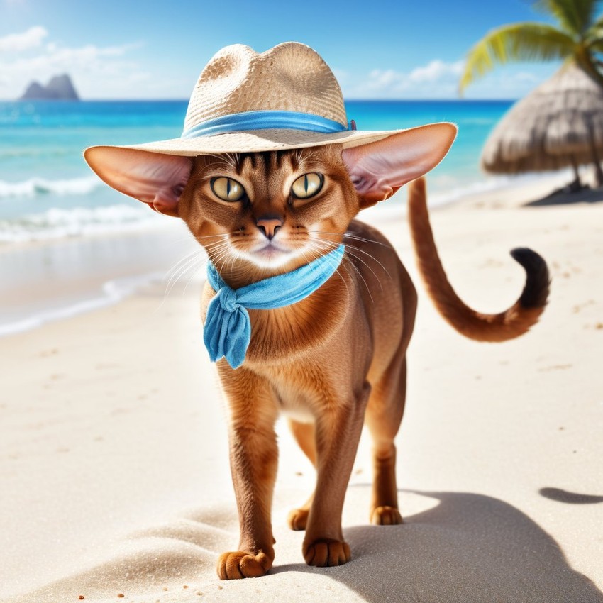 abyssinian cat on a beach with white sand and blue sea, wearing sunglasses and summer hat.