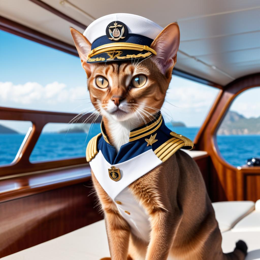 abyssinian cat as a captain on a luxury yacht, wearing captain uniform, highly detailed.