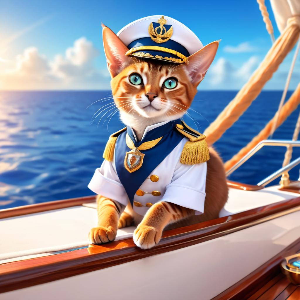 abyssinian cat as a captain on a luxury yacht, wearing captain uniform, ethereal and majestic.