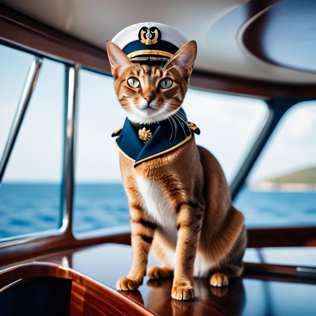 abyssinian cat as a captain on a luxury yacht, wearing captain uniform, against a blue sea.