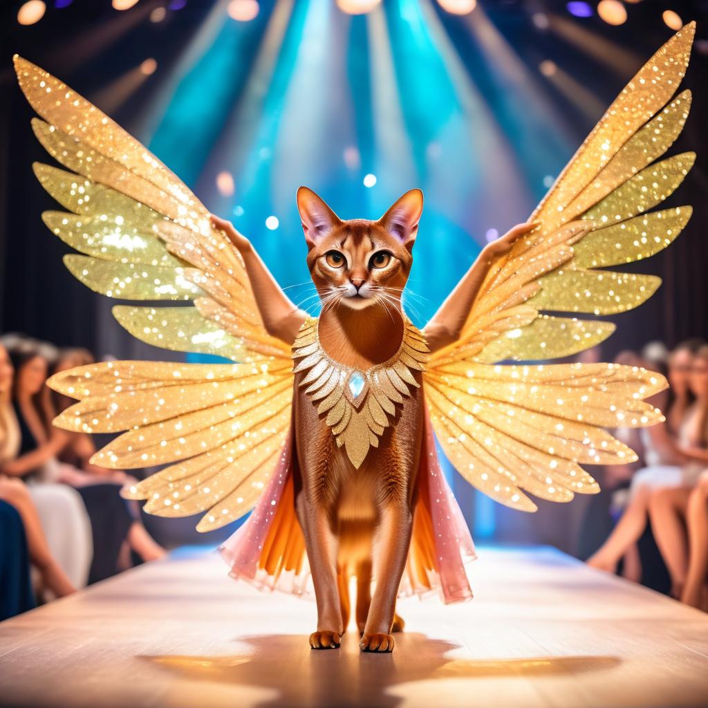 abyssinian cat strutting down the fashion show catwalk stage in a magical fairytale dress with glittering wings, high energy and magical.