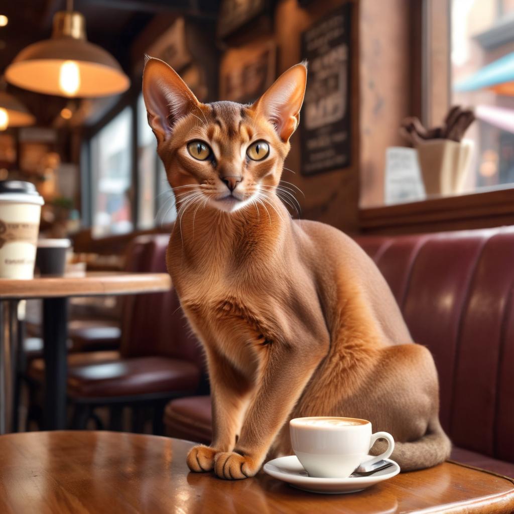 abyssinian cat sitting in a cozy coffee shop, lifelike and detailed.