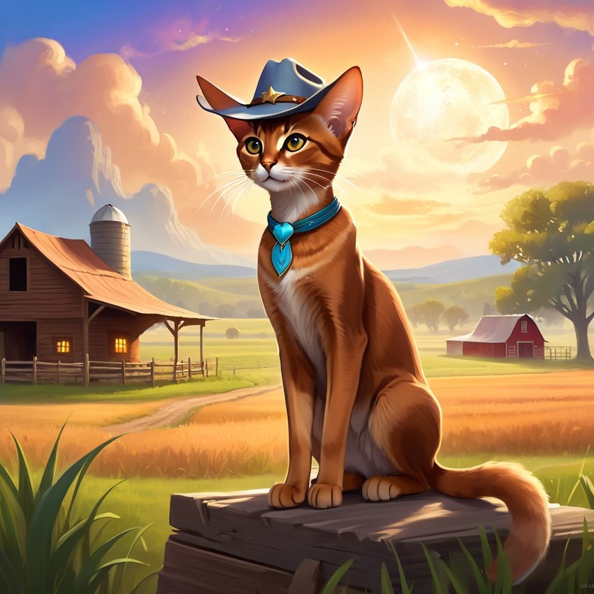 abyssinian cat as a cowboy wearing a hat, in the midwest countryside, on a farm.