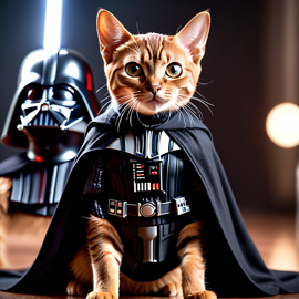 abyssinian cat as darth vader from star wars, dressed as darth vader in a detailed star wars scene.