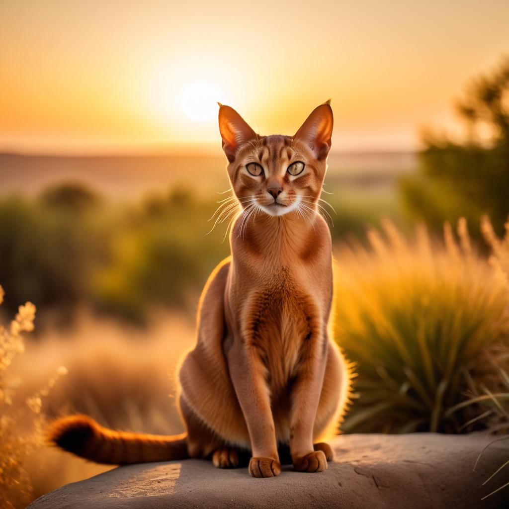 abyssinian cat in golden hour light, highlighting their beauty in nature with a moody and detailed atmosphere.