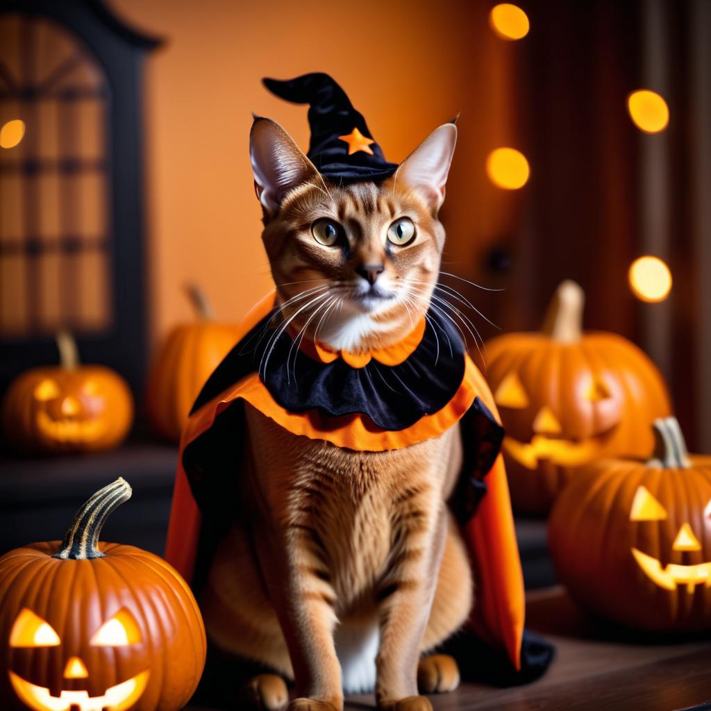 abyssinian cat in a halloween costume with pumpkins and eerie decorations, highlighting their festive spirit.