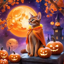 abyssinian cat in a halloween costume, with a magical and ethereal atmosphere surrounded by pumpkins.