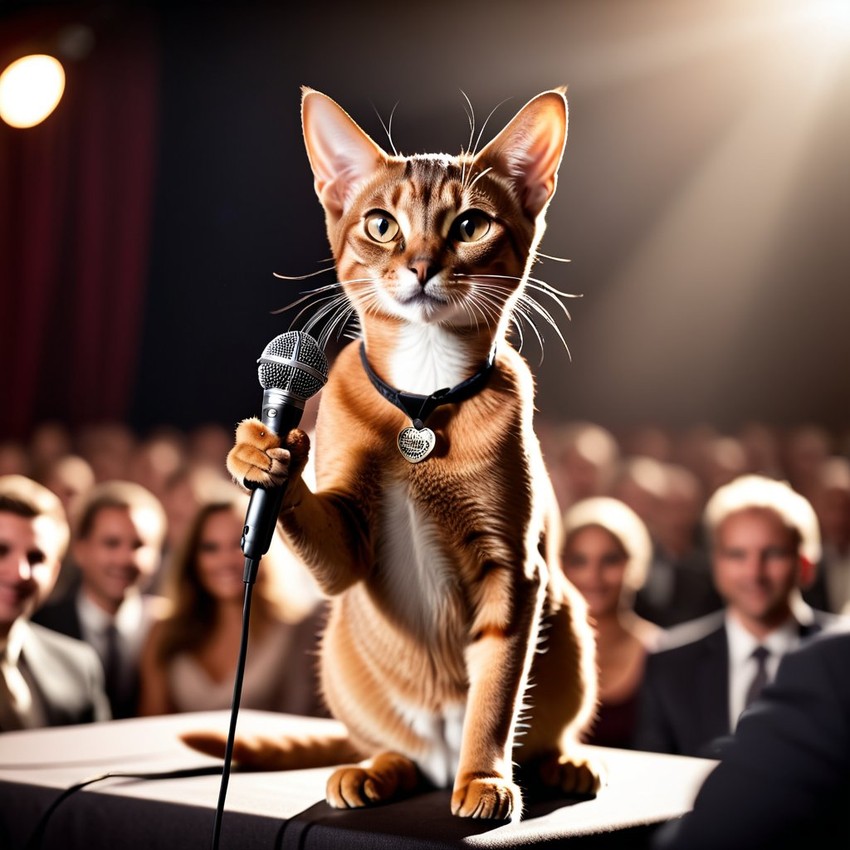 abyssinian cat as a keynote speaker on stage, dressed elegantly, holding a microphone, exuding charisma and confidence.