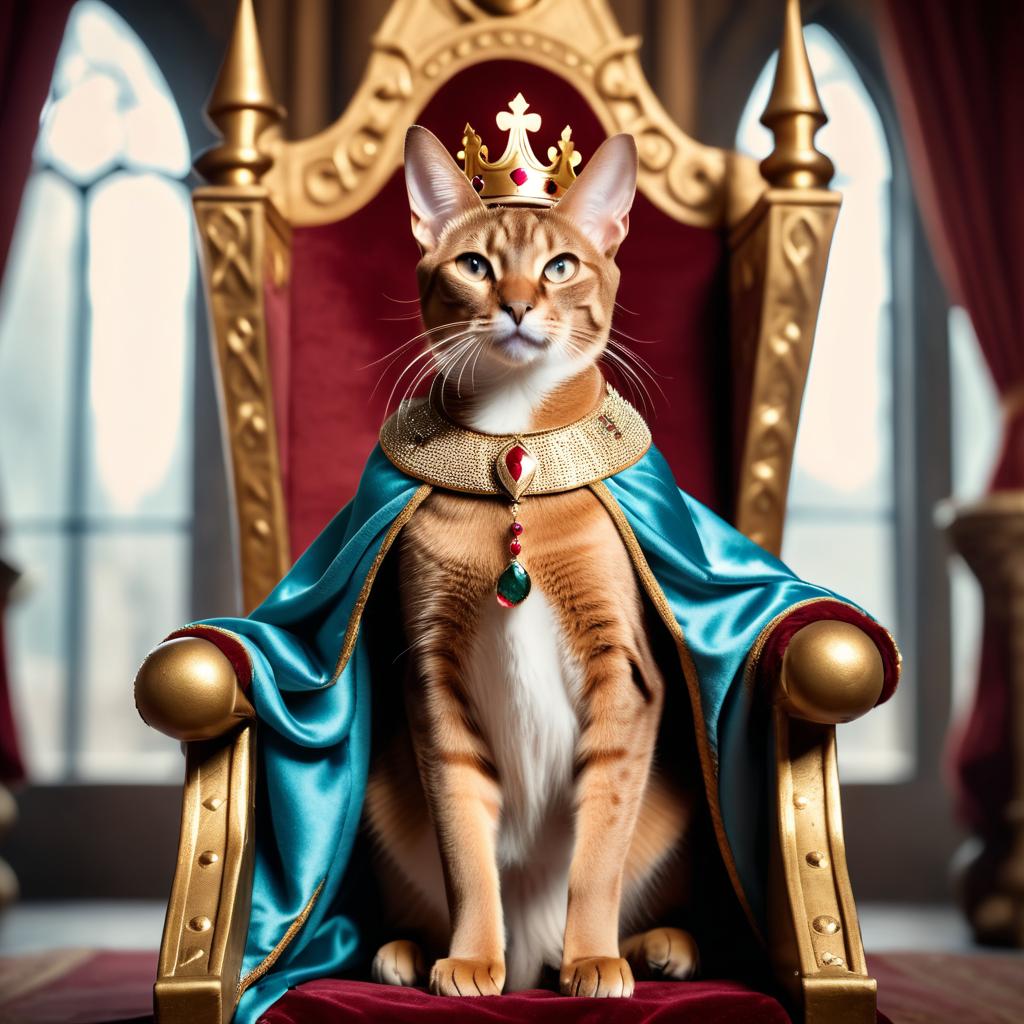 abyssinian cat as a king in a magical castle, wearing a crown and robe, seated on a throne.