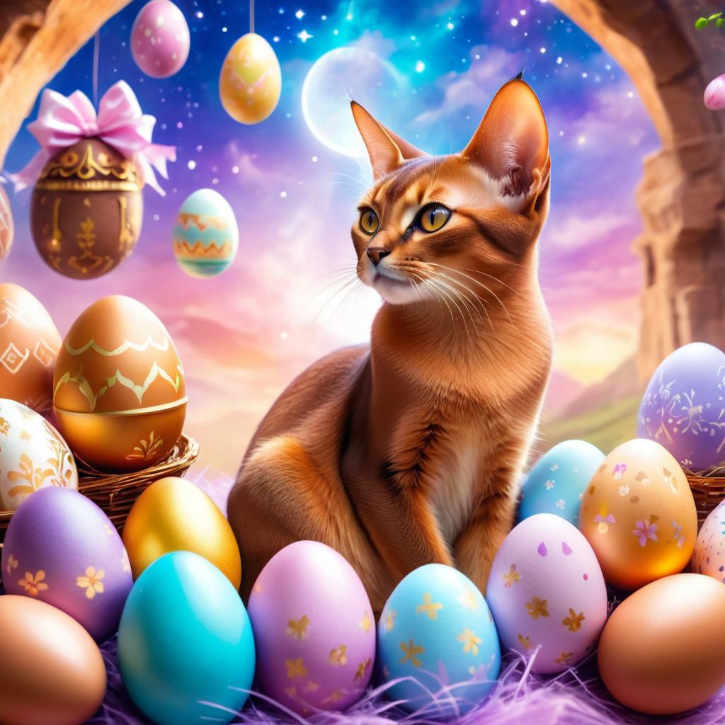 abyssinian cat in a magical easter setting with colorful eggs, ethereal and dreamy details.