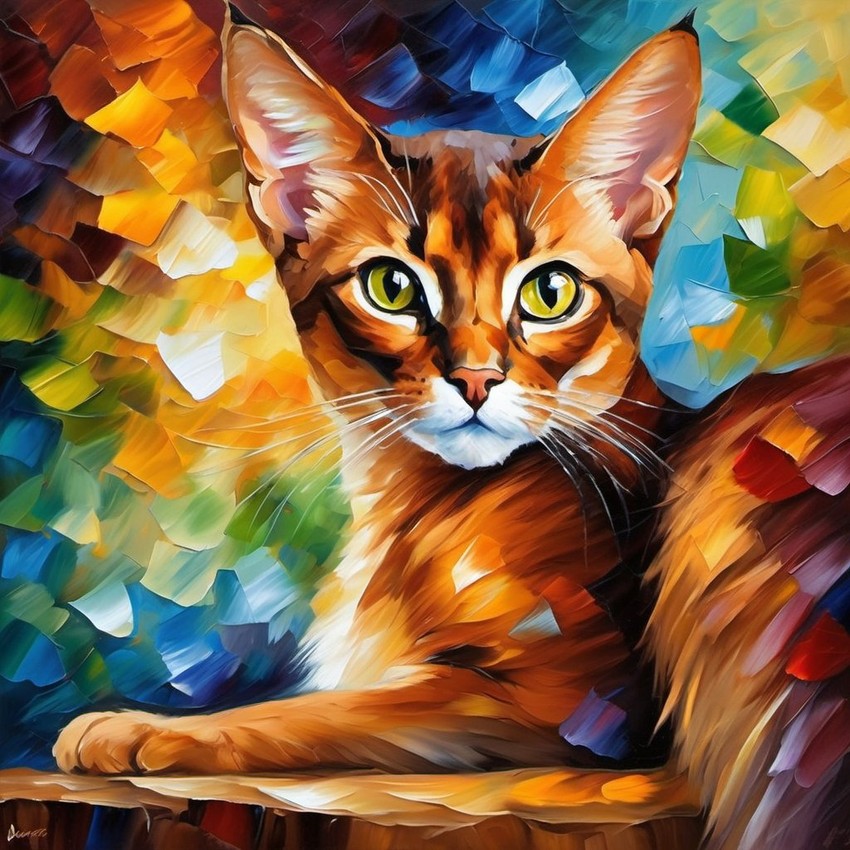 knife oil painting of abyssinian cat in the style of leonid afremov and degas, featuring vibrant, textured brushstrokes.