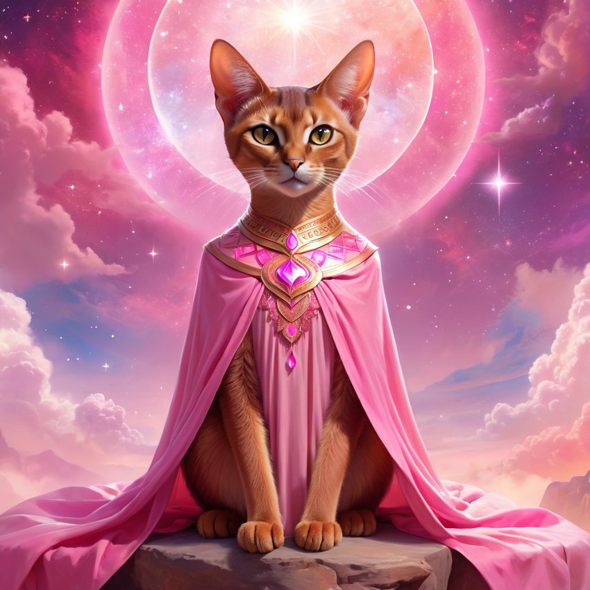 abyssinian cat in pink clothing, set in a beautiful pink scene with a dreamy, magical vibe.