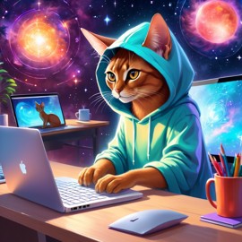 abyssinian cat as a programmer, working on a laptop in a hoodie, capturing a cute and magical moment.