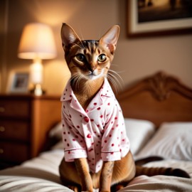 abyssinian cat in cute pyjamas, relaxing in a beautiful posh bedroom, highlighting happiness and coziness.