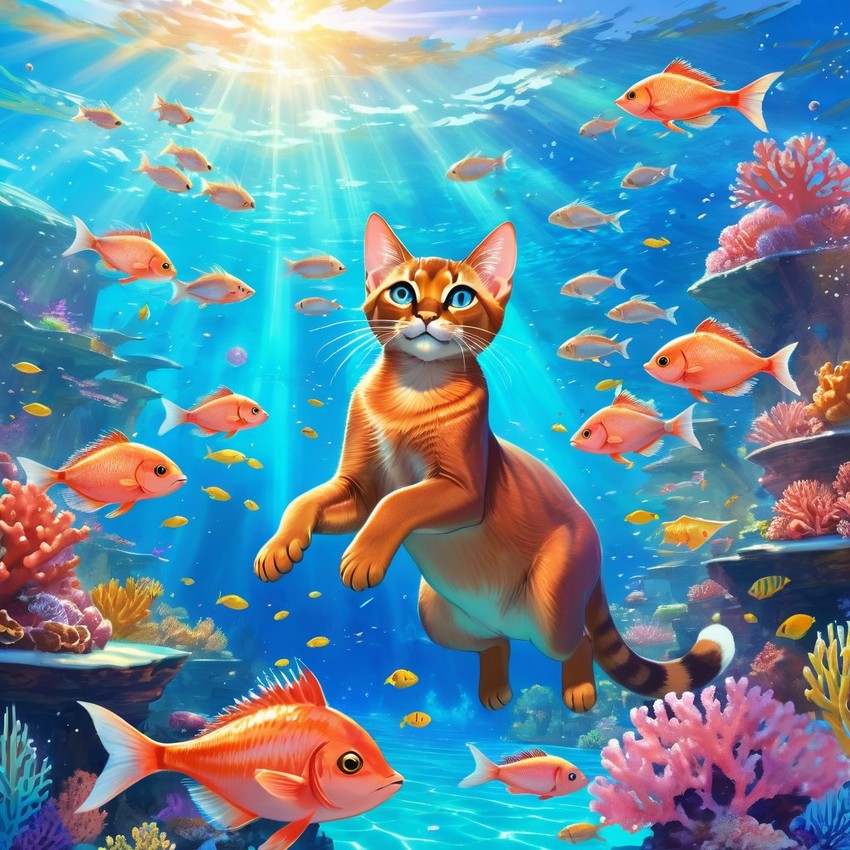 abyssinian cat swimming in a magical blue ocean with colorful fish and coral reef, capturing a dreamy and adventurous underwater scene.