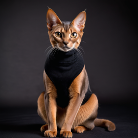 abyssinian cat in a black turtleneck, against a diffused background, looking cute and elegant.