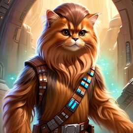 abyssinian cat as chewbacca from star wars, ethereal and magical.