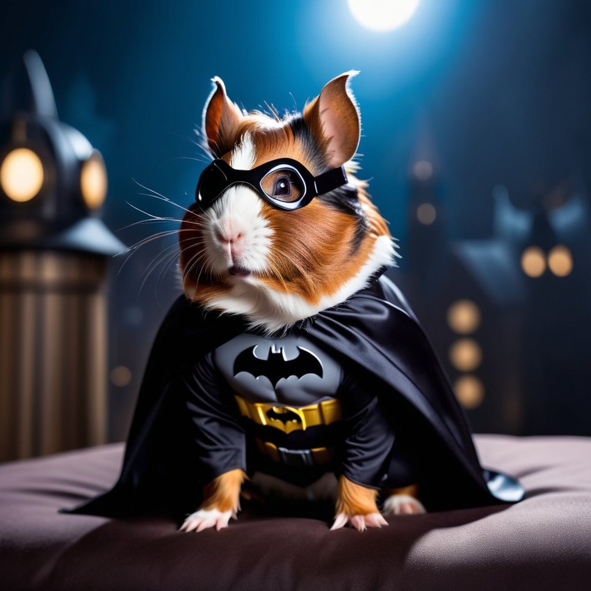 abyssinian guinea pig as batman, wearing batman suit and mask, highly detailed and vibrant.