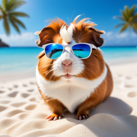 abyssinian guinea pig on a beautiful beach with white sand and blue sea, wearing sunglasses.