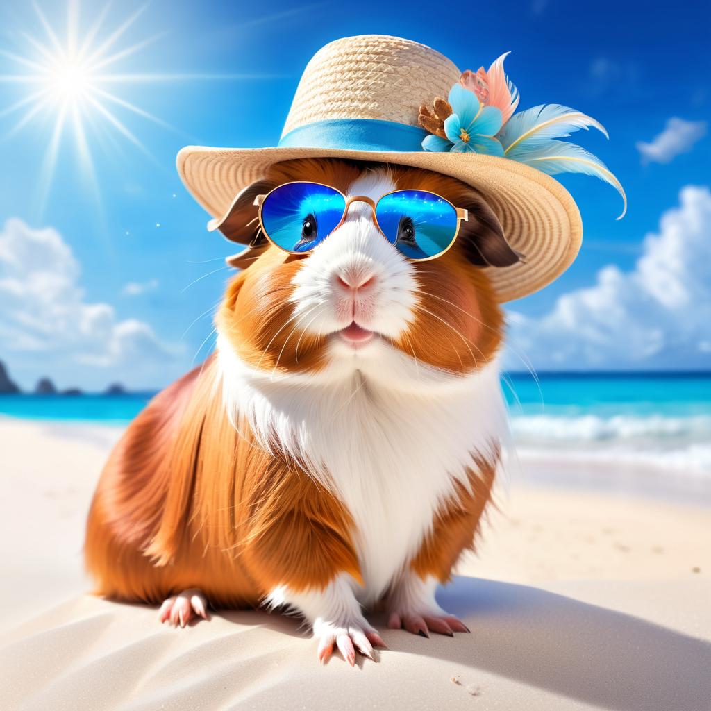 abyssinian guinea pig on a beach with white sand and blue sea, wearing sunglasses and summer hat.