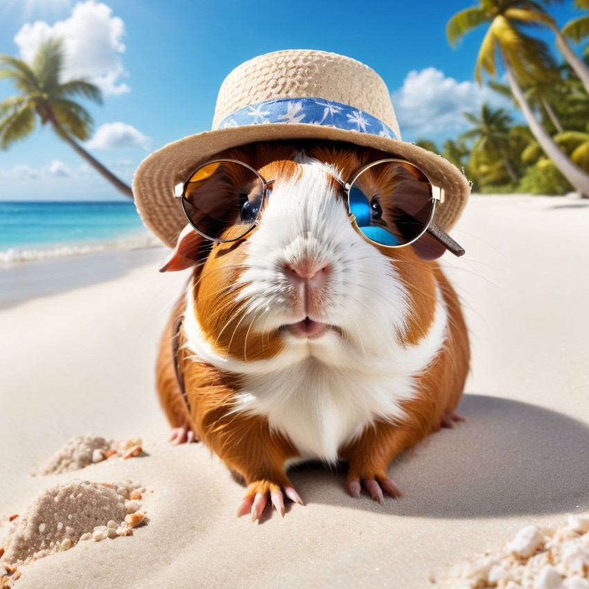 abyssinian guinea pig on a beach with white sand and blue sea, wearing sunglasses and summer hat.