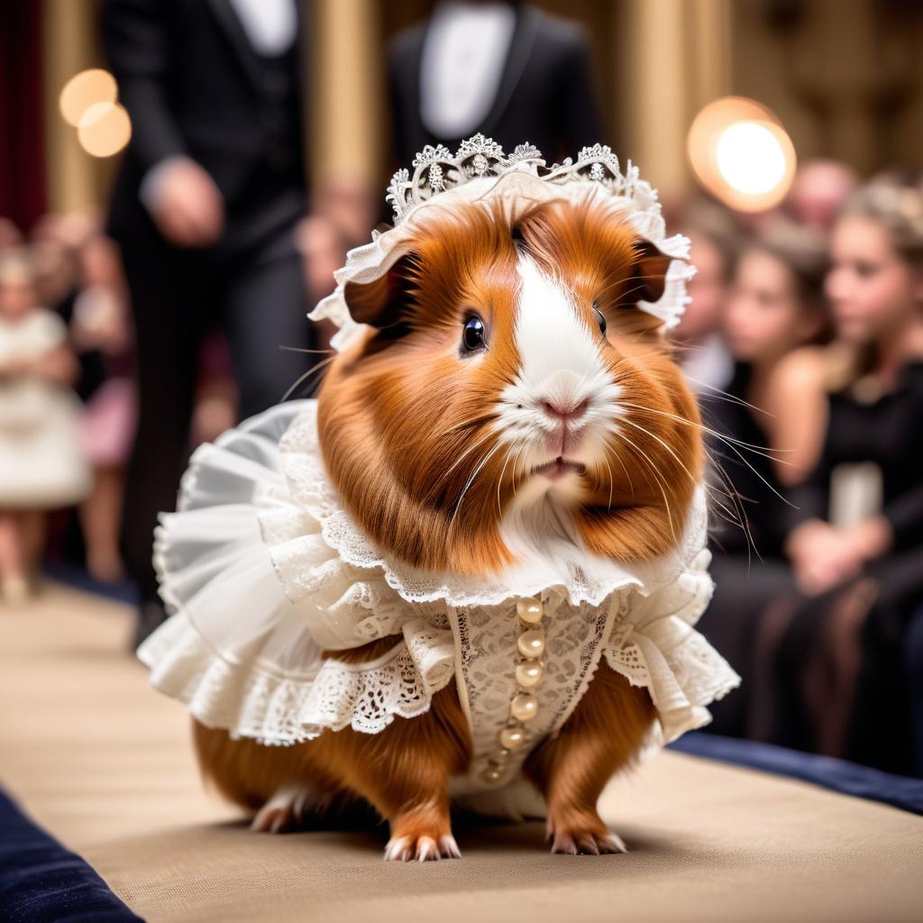 abyssinian guinea pig strutting down the fashion show catwalk stage in a vintage victorian outfit with lace and ruffles, high energy and majestic.