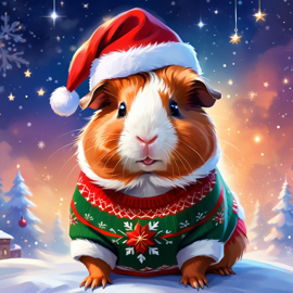 abyssinian guinea pig in a christmas sweater and santa hat, ethereal and magical.