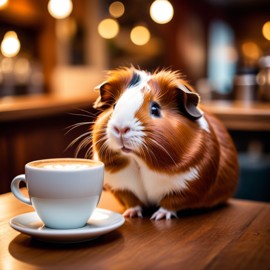 abyssinian guinea pig sitting in a cozy coffee shop with a cup of coffee, detailed and vibrant.