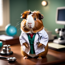 abyssinian guinea pig as a doctor in an office, detailed and charming, with high budget, bokeh, and a moody atmosphere.