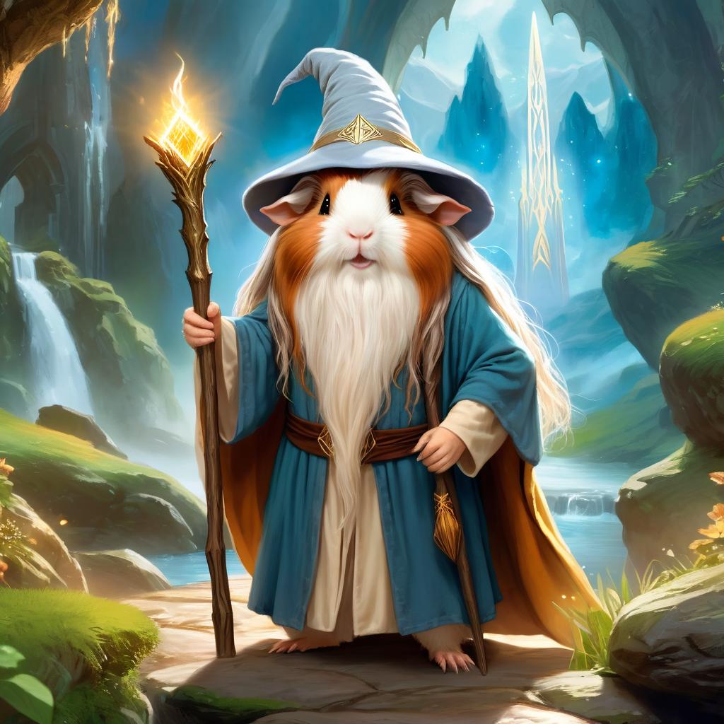 abyssinian guinea pig as gandalf, with a white beard and magical surroundings, ethereal and majestic.