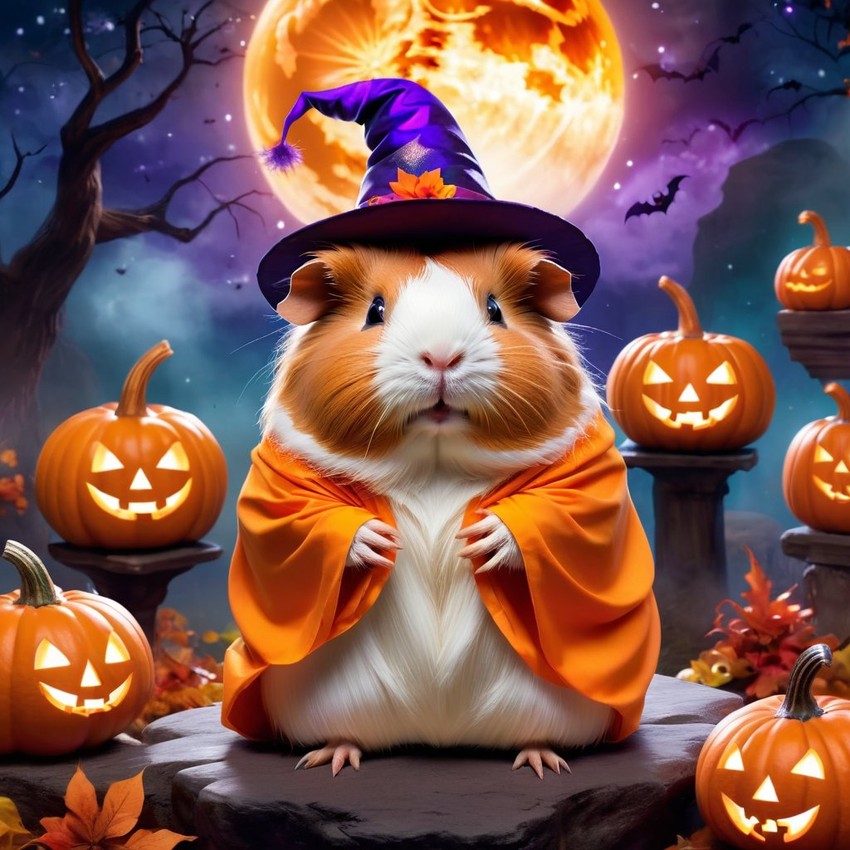 abyssinian guinea pig in a halloween costume, with a magical and ethereal atmosphere surrounded by pumpkins.