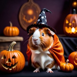 abyssinian guinea pig in a halloween costume with pumpkins and eerie decorations, highlighting their festive spirit.