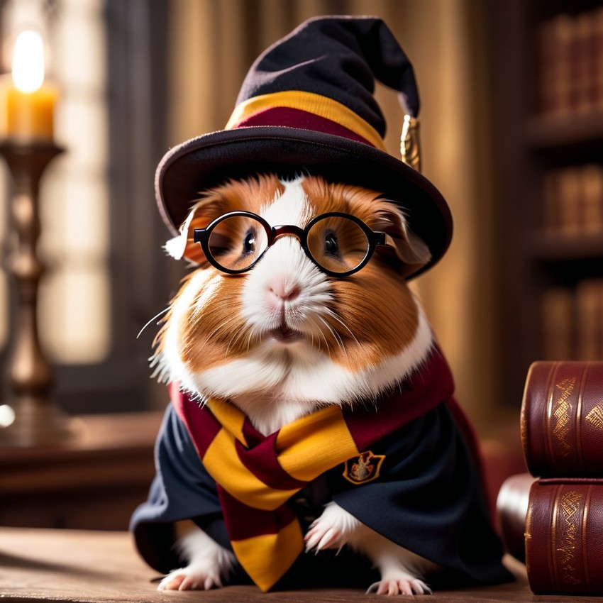 abyssinian guinea pig as harry potter, with glasses and hogwarts setting, capturing the magical and epic essence.