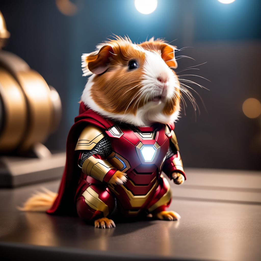 abyssinian guinea pig as iron man, featuring a detailed iron man costume and a high-budget movie scene.