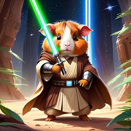 abyssinian guinea pig as a jedi knight, with a lightsaber and star wars backdrop in a celestial, painterly style.