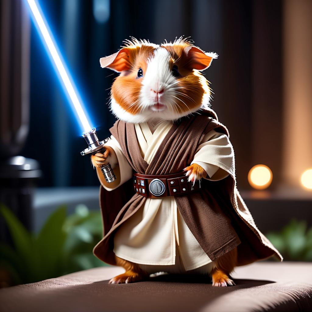 abyssinian guinea pig as a jedi knight, featuring a lightsaber and a star wars environment in a high-detail, epic style.