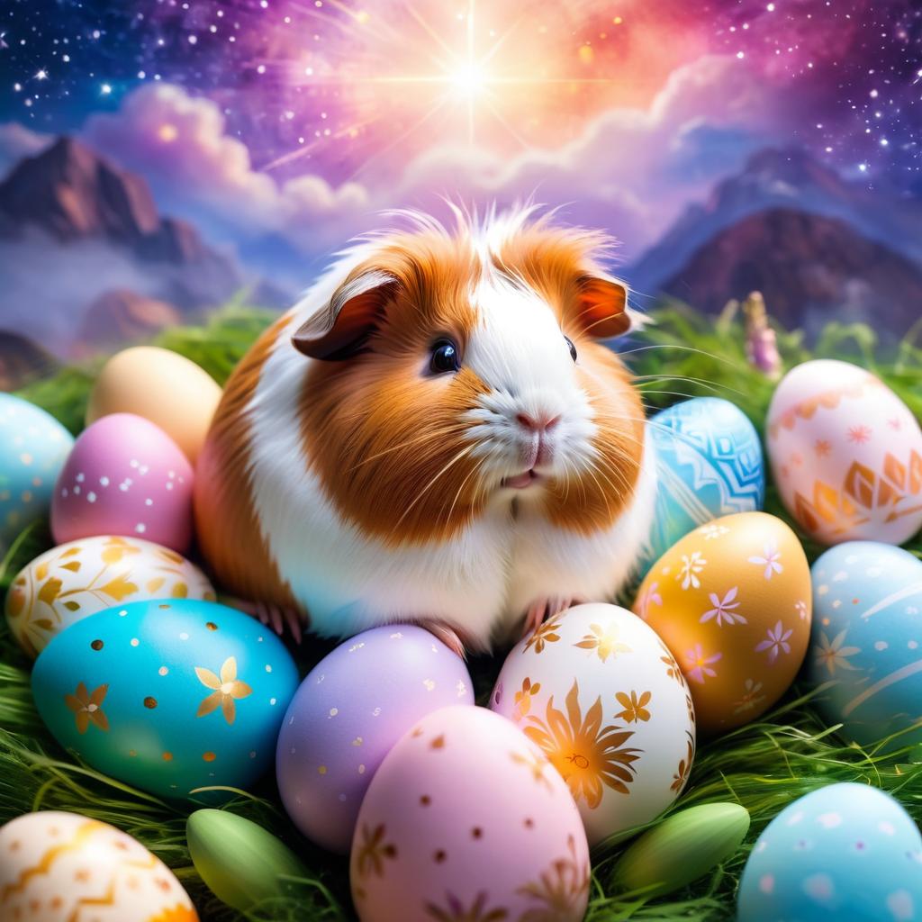 abyssinian guinea pig in a magical easter setting with colorful eggs, ethereal and dreamy details.