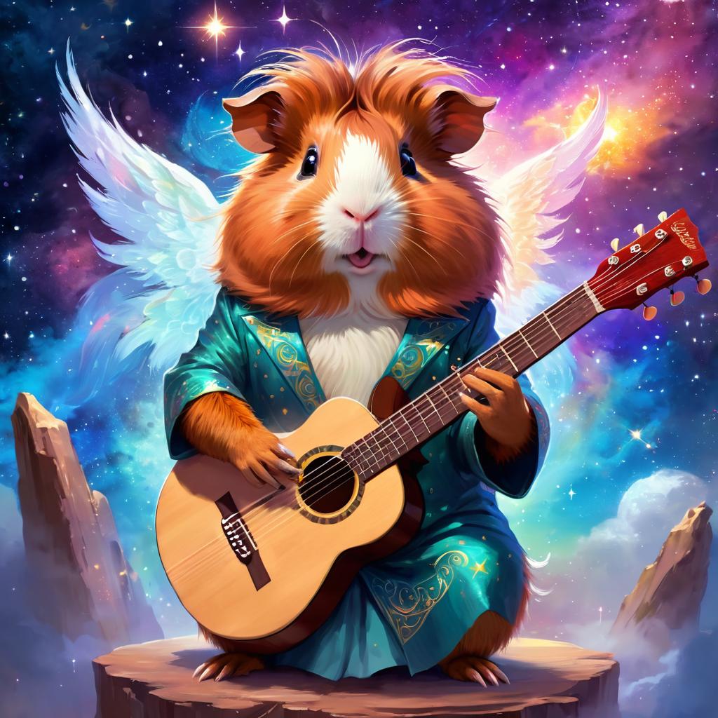 abyssinian guinea pig as a musician in an ethereal fantasy setting, playing guitar with a majestic and magical touch.